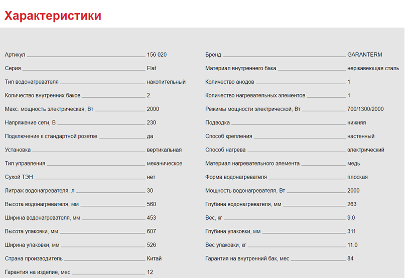 GARANTERM Flat 30 V характеристики