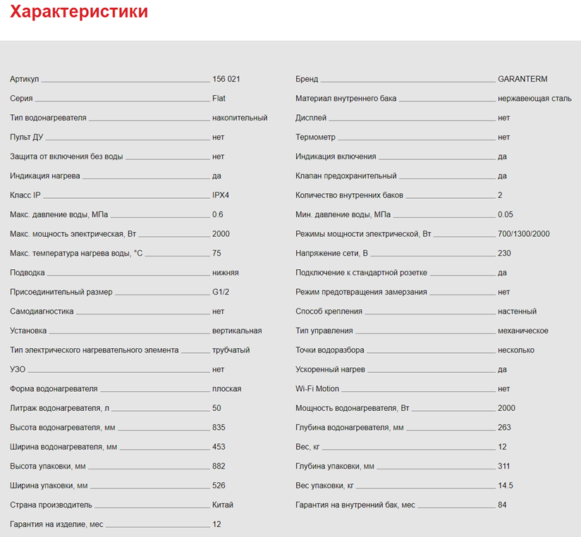 Garanterm Flat 50 v водонагреватель характеристики