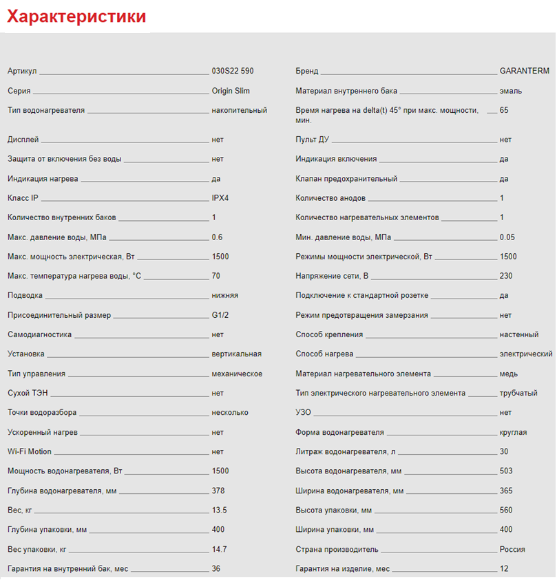 Garanterm Origin 30 V Slim характеристики