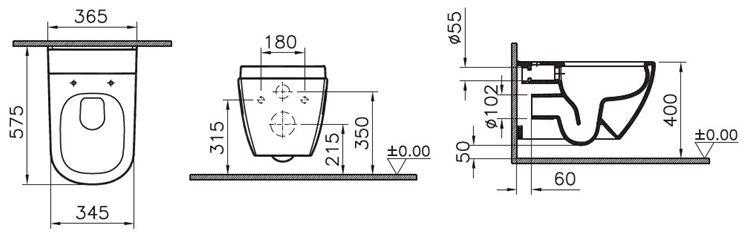 Vitra D-Light Rim-ex подвесной унитаз размер