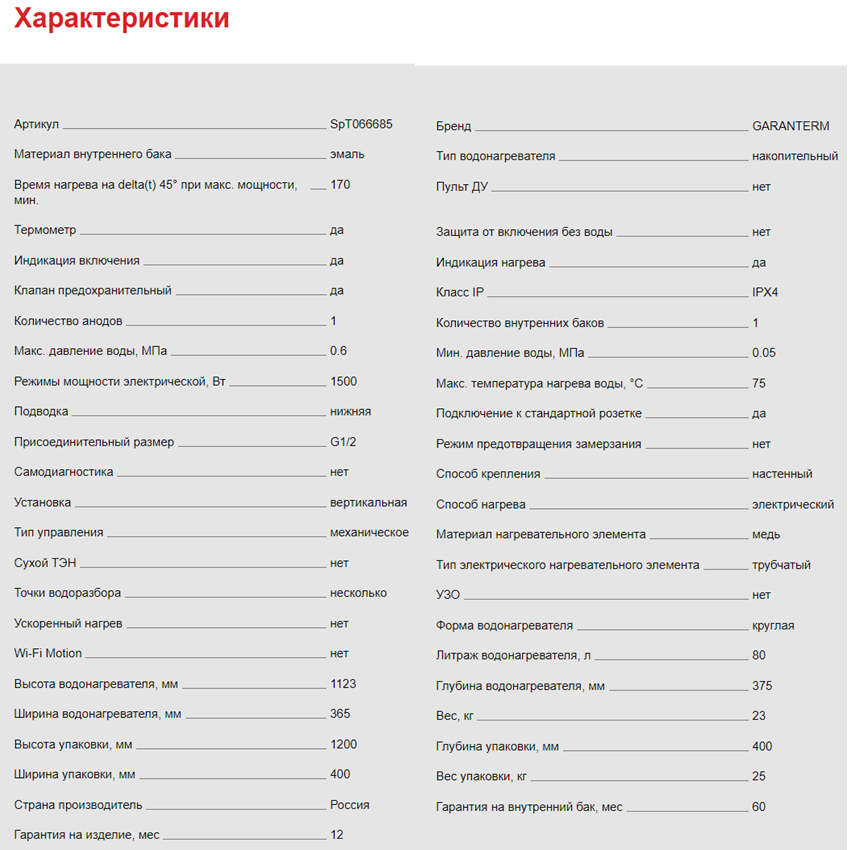 Водонагреватель электрический Garanterm ES 80 V технические характеристики
