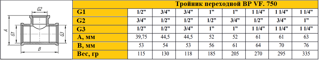 Тройник переходной Valfex. 750 вр-вр-вр